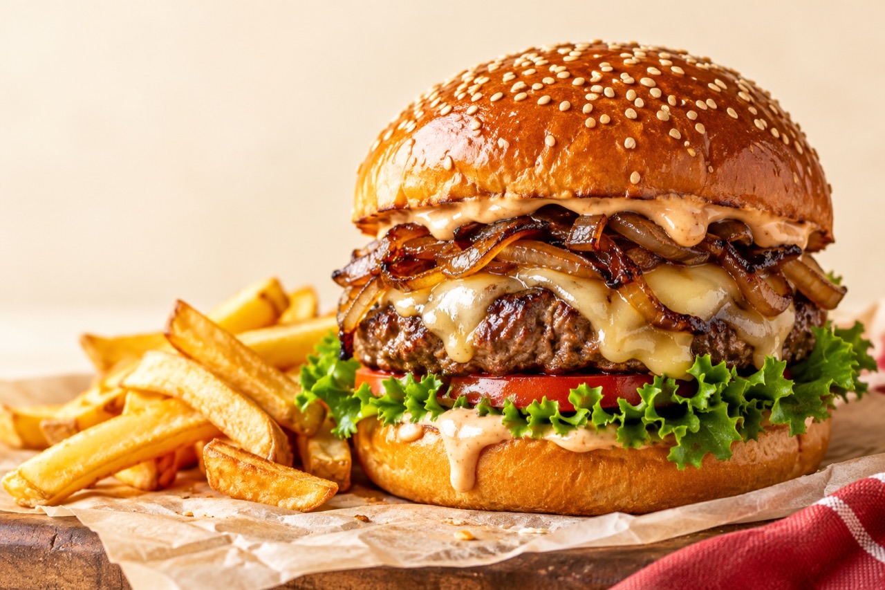 Burger au fromage fondant accompagné de frites