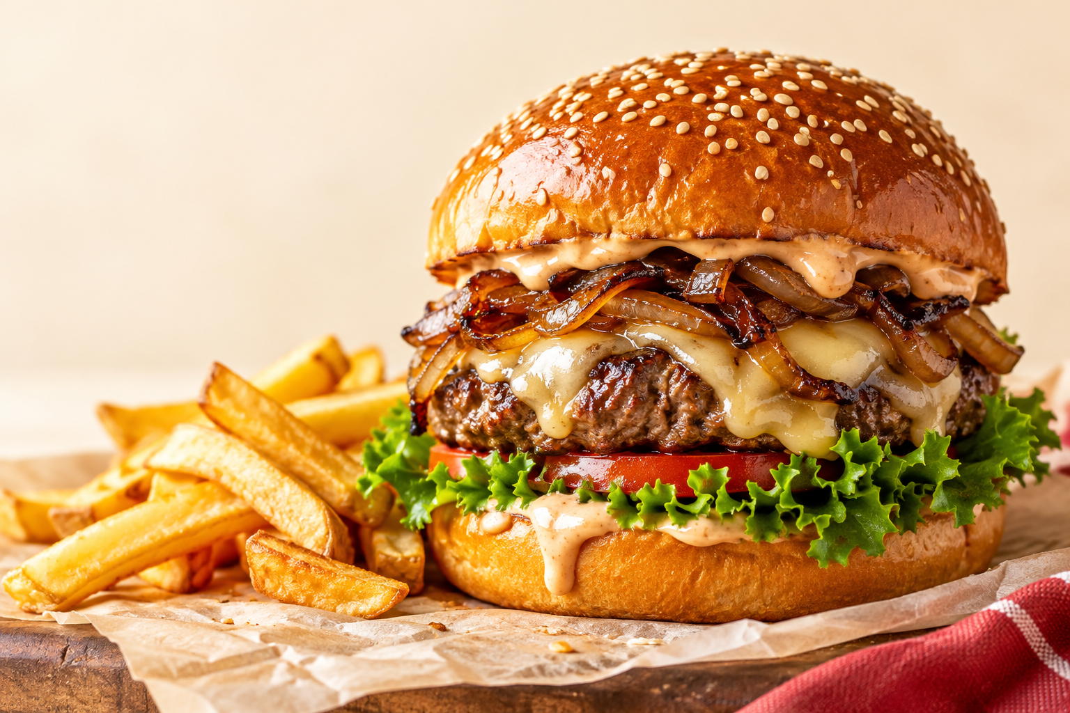 Burger au fromage fondant accompagné de frites